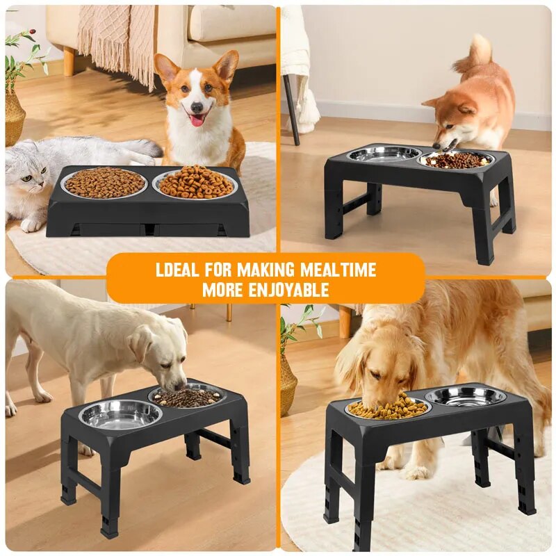 Dog Bowls Double Adjustable Elevated Feeder Pet Feeding Raise Stainless Steel Cat Food Water Bowls with Stand Lift Dining Tabel kickpet