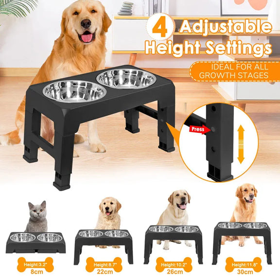 Dog Bowls Double Adjustable Elevated Feeder Pet Feeding Raise Stainless Steel Cat Food Water Bowls with Stand Lift Dining Tabel kickpet